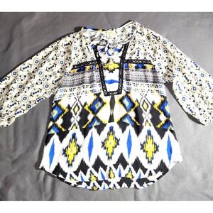 Fig & Flower Top Womens Small Multicolor Graphic Print 3/4 Sleeve Laced Front